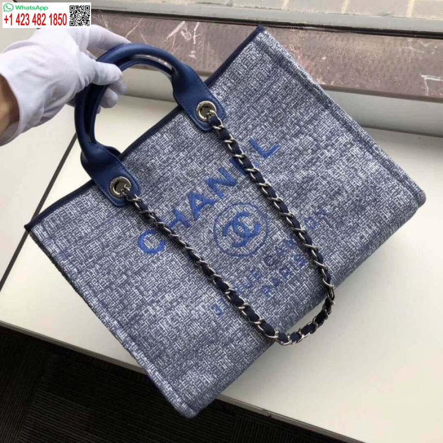 Replika Chanel Deauville Tote Terbaik 38cm Kanvas 1:1 Tas Cermin A66941 Biru Jacquard