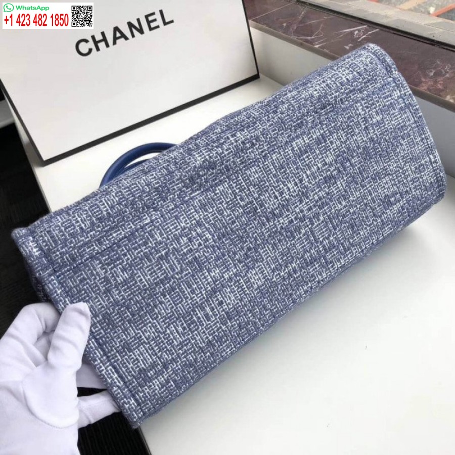 Replika Chanel Deauville Tote Terbaik 38cm Kanvas 1:1 Tas Cermin A66941 Biru Jacquard
