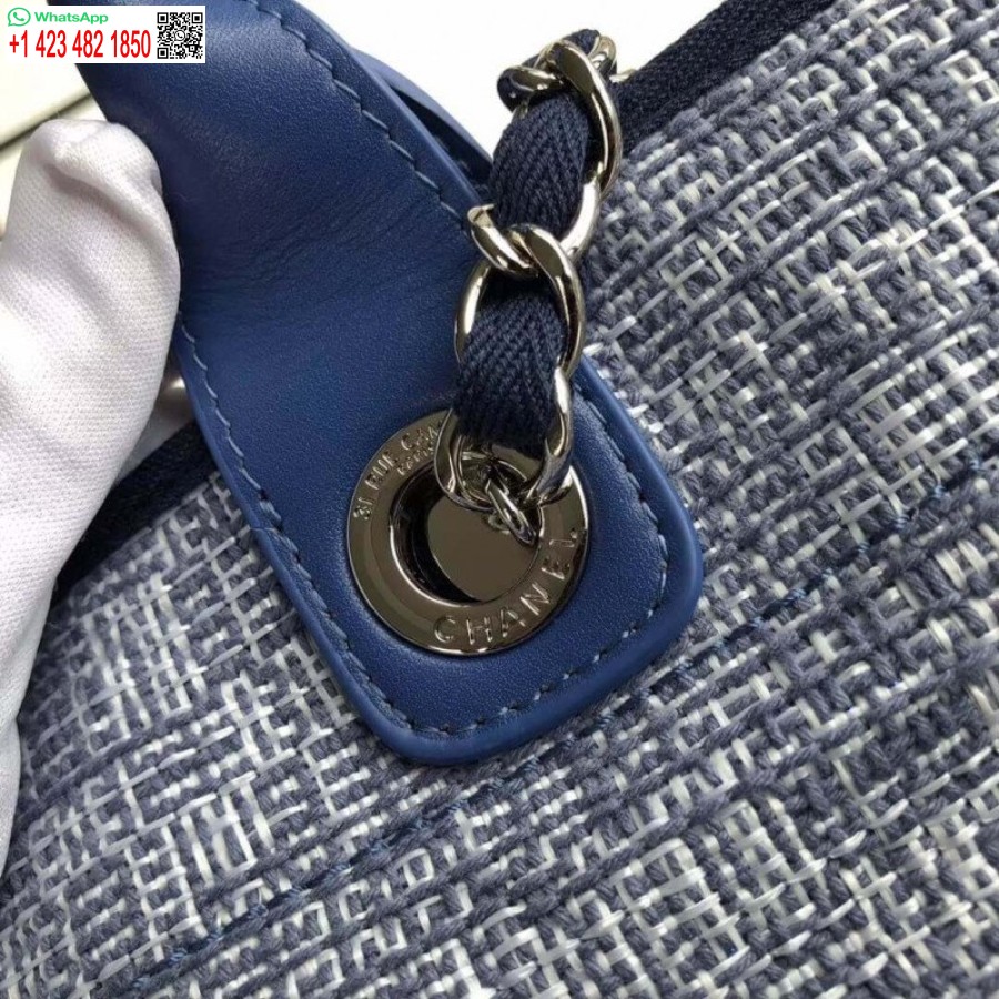 Replika Chanel Deauville Tote Terbaik 38cm Kanvas 1:1 Tas Cermin A66941 Biru Jacquard
