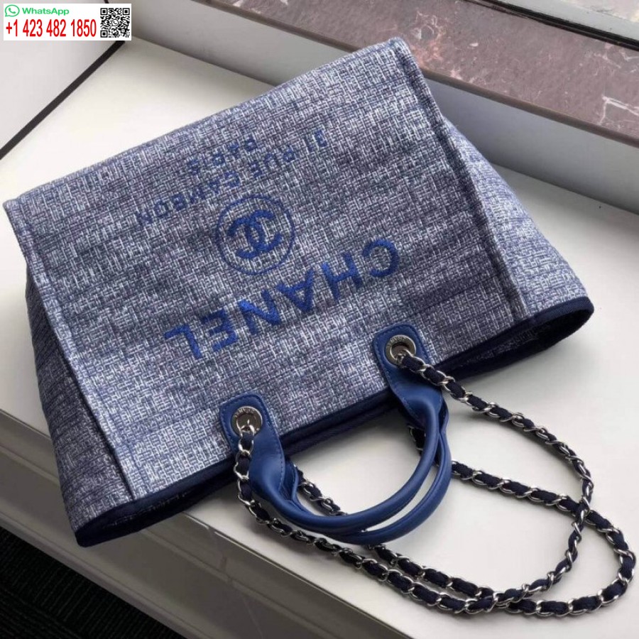 Replika Chanel Deauville Tote Terbaik 38cm Kanvas 1:1 Tas Cermin A66941 Biru Jacquard