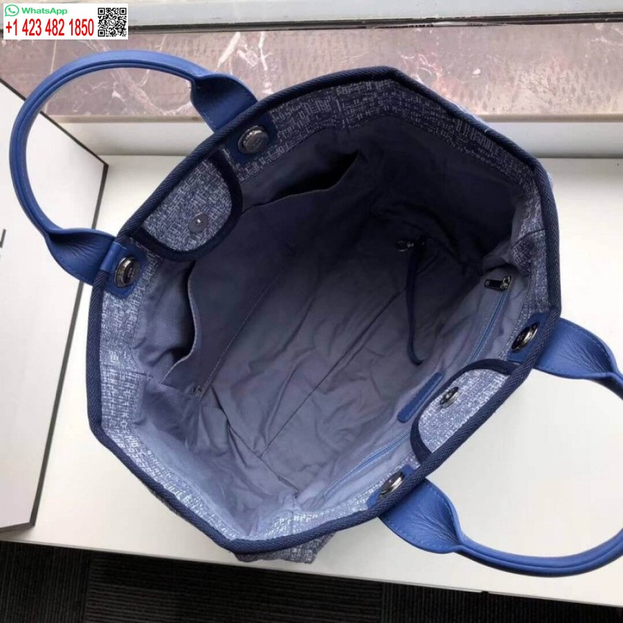Replika Chanel Deauville Tote Terbaik 38cm Kanvas 1:1 Tas Cermin A66941 Biru Jacquard