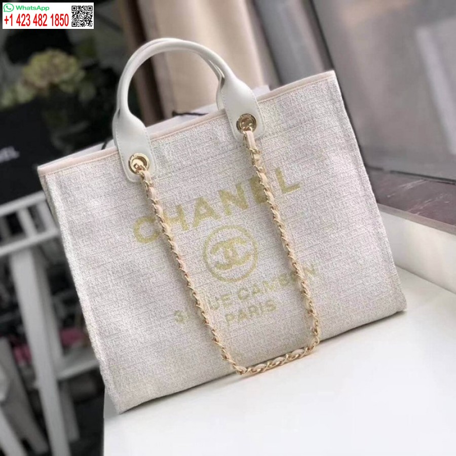 Replica Borsa Chanel Deauville Borsa Imitazione In Tela Di Design Da 38 Cm A66941 Beige / Bianco