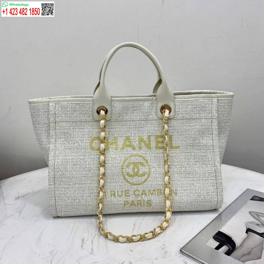 Replika Chanel Deauville Tote 38cm Kopijuoti Drobinį Krepšį Replikos A66941 Balta/auksinė