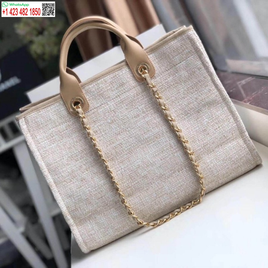 Replika Kabelky Chanel Deauville 38 Cm Plátenná Taška Uk A66941 Krémová Knockoff / Béžová