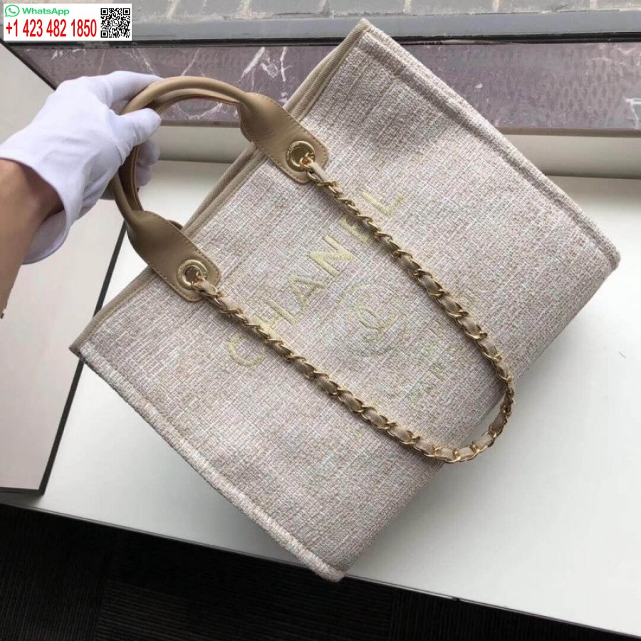 Replika Kabelky Chanel Deauville 38 Cm Plátenná Taška Uk A66941 Krémová Knockoff / Béžová