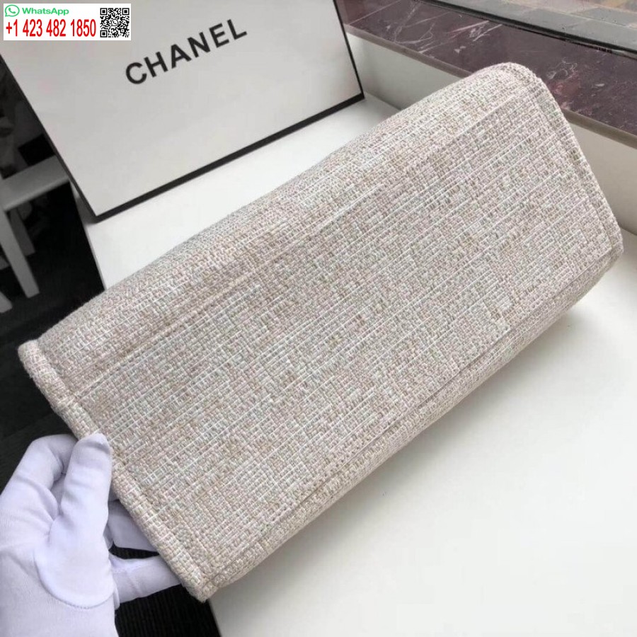 Replika Kabelky Chanel Deauville 38 Cm Plátenná Taška Uk A66941 Krémová Knockoff / Béžová