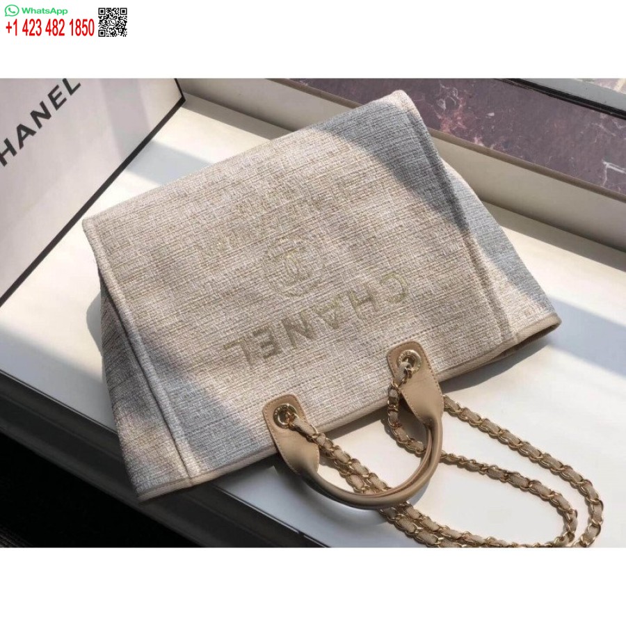 Replika Kabelky Chanel Deauville 38 Cm Plátenná Taška Uk A66941 Krémová Knockoff / Béžová