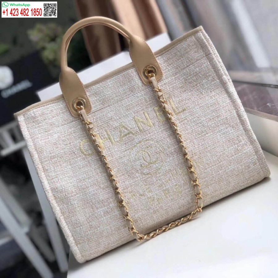Replika Chanel Deauville Tote 38cm Drobinis Krepšys Uk A66941 Kreminis Knockoff / Smėlio Spalvos