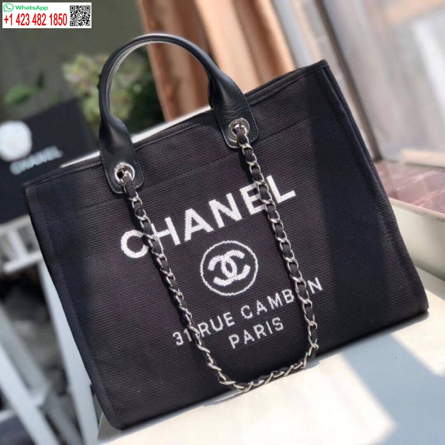 Prabangus Chanel Deauville Replika 38 Cm Drobinis Mados Krepšys A66941 Juoda/balta