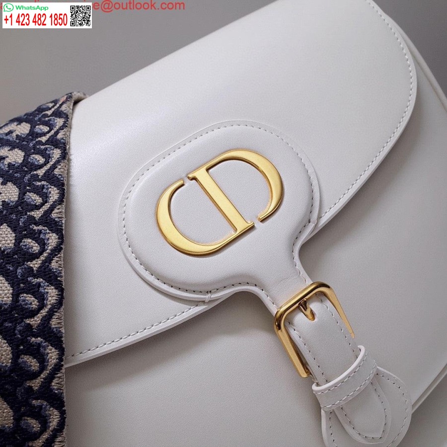 реплика Dior M9320 голяма чанта Bobby бяла телешка кожа със синя наклонена презрамка
