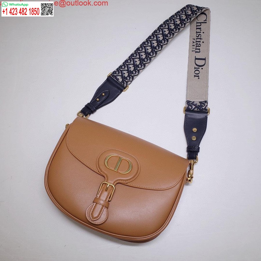 Replica Dior M9320 Borsa Bobby Grande In Pelle Di Vitello Marrone Chiaro Con Cinturino Obliquo Blu