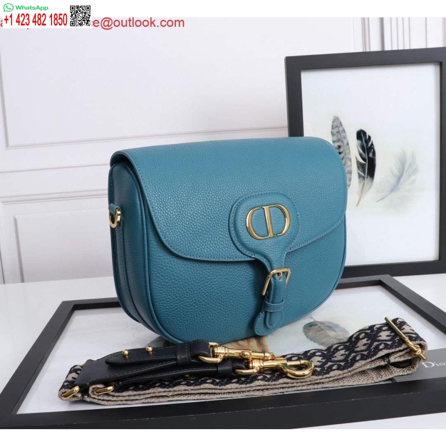 Replika Dior M9320 Tas Bobby Besar Kulit Anak Sapi Berbutir Biru Dengan Tali Miring Dior Biru