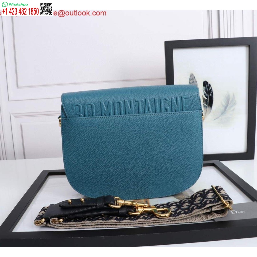Replika Dior M9320 Tas Bobby Besar Kulit Anak Sapi Berbutir Biru Dengan Tali Miring Dior Biru