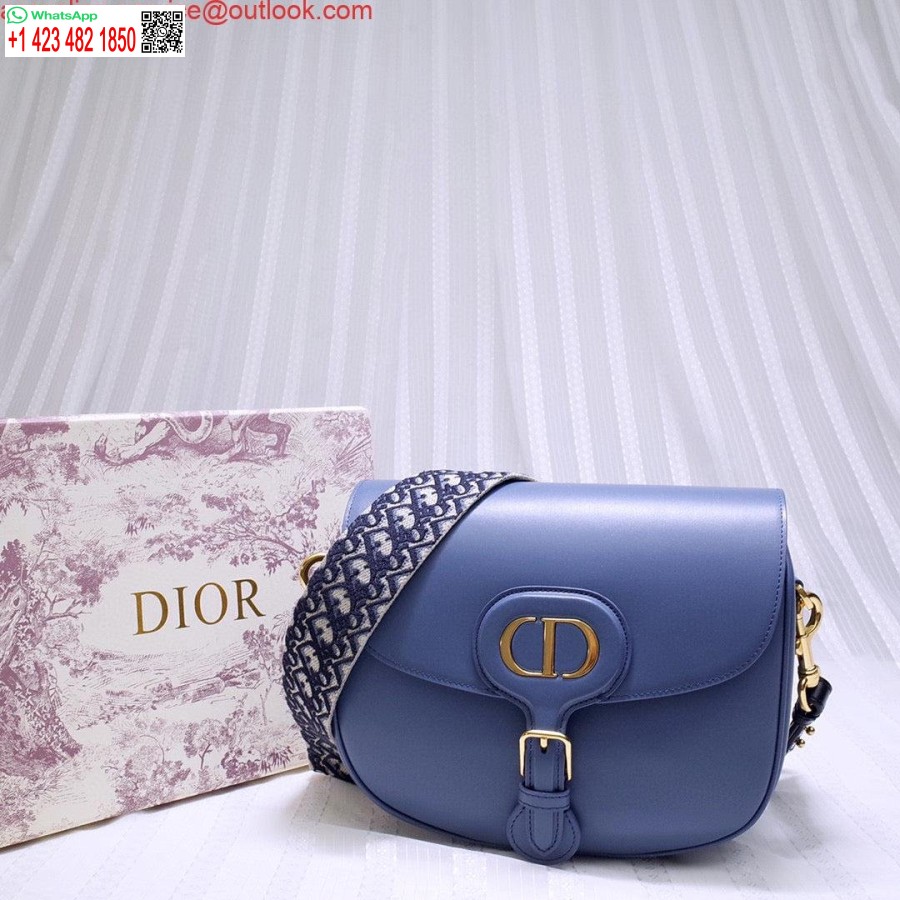 Replika Dior M9320 Veľká Bobby Bag Modrá Krabička Teľacia Koža S Modrým šikmým Popruhom