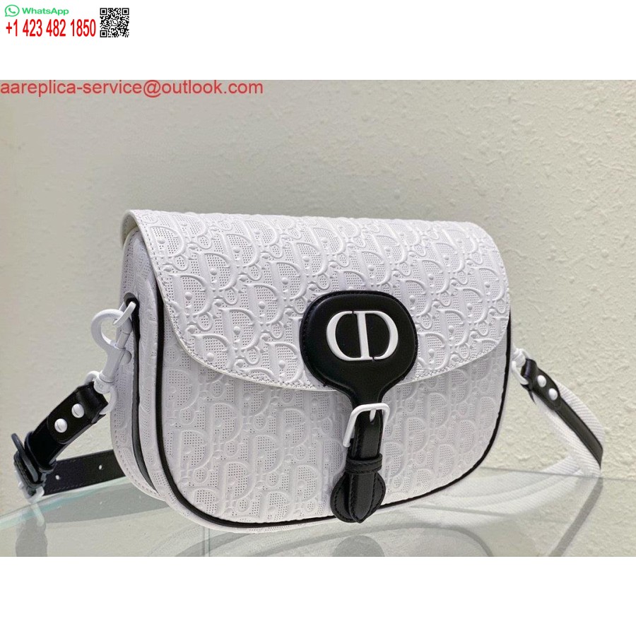 Replika Tas Bobby Dior Medium Perforated M9319 Kulit Anak Sapi Warna Putih Motif Dior Oblique