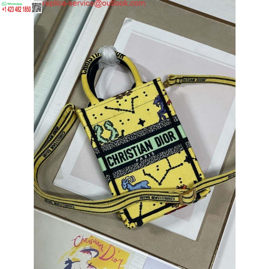 Replica Dior S5555 Mini Dior Book Tote Phone Bag Yellow multicolor Deer embroidery S1106
