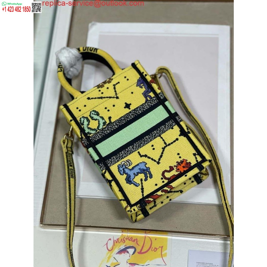 Replica Dior S5555 Mini Dior Book Tote Phone Bag Yellow multicolor Deer embroidery S1106