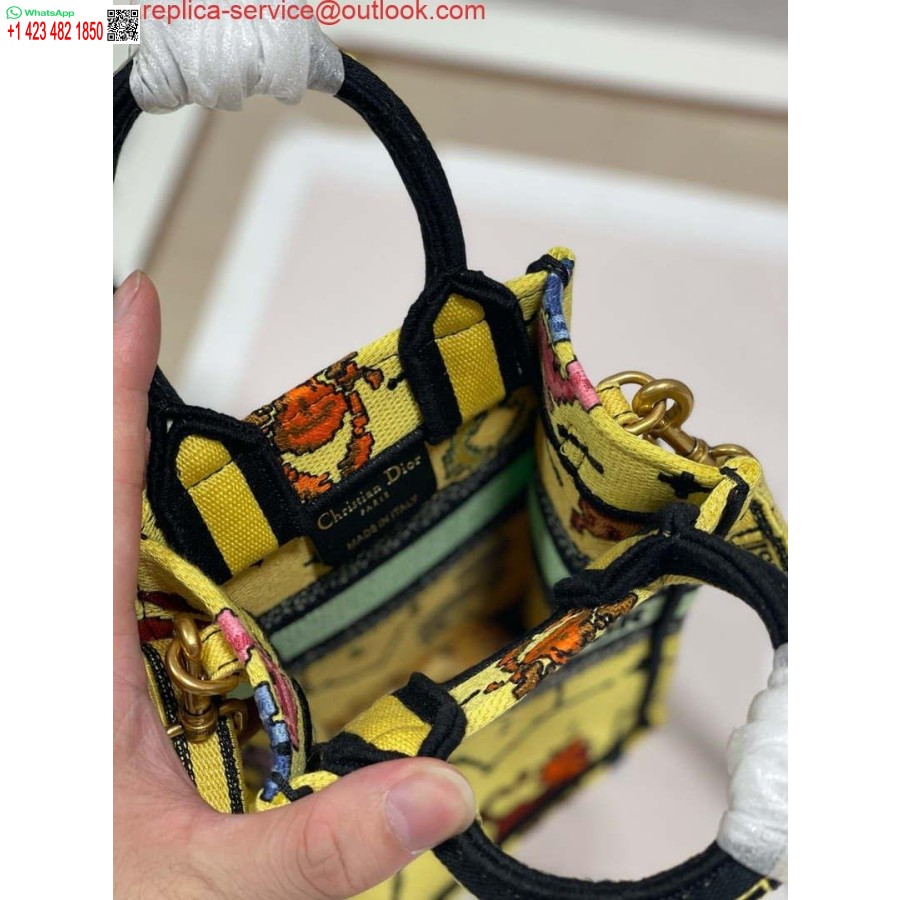 Replica Dior S5555 Mini Dior Book Tote Phone Bag Yellow multicolor Deer embroidery S1106