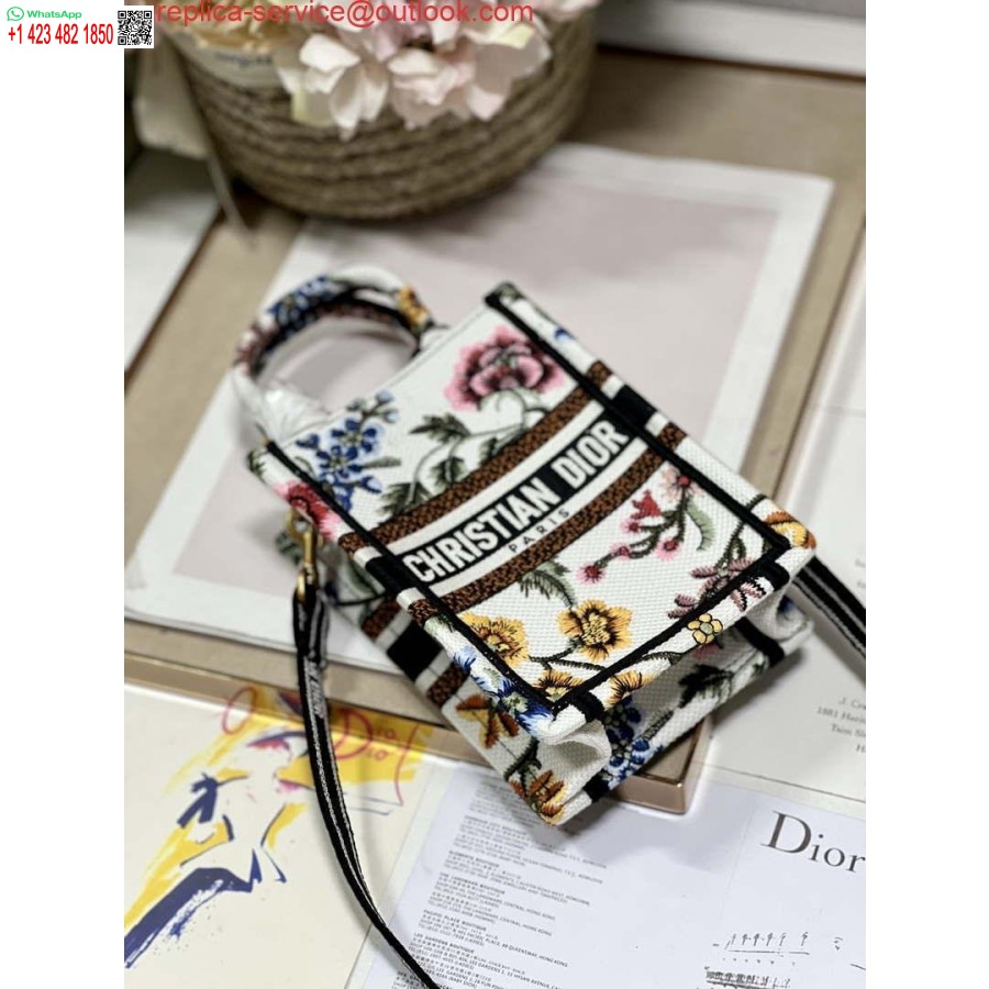 Replica Dior S5555 Mini Dior Raamatukott Telefonikott Valge Mitmevärviline Tikandid S1101