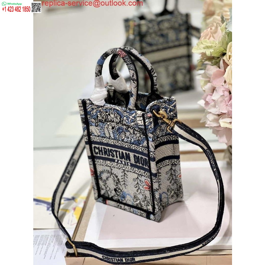 Replica Dior S5555 Mini Dior Book Tote Phone Bag Blue multicolor embroidery S1102