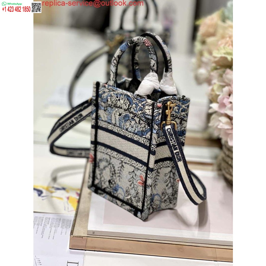 Replica Dior S5555 Mini Dior Book Tote Phone Bag Blue multicolor embroidery S1102