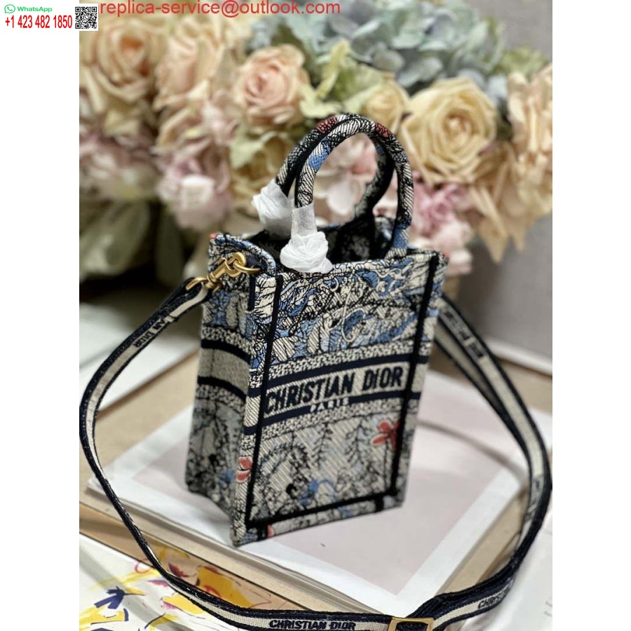 Replica Dior S5555 Mini Dior Book Draagtas Telefoontas Blauw Veelkleurig Borduurwerk S1102