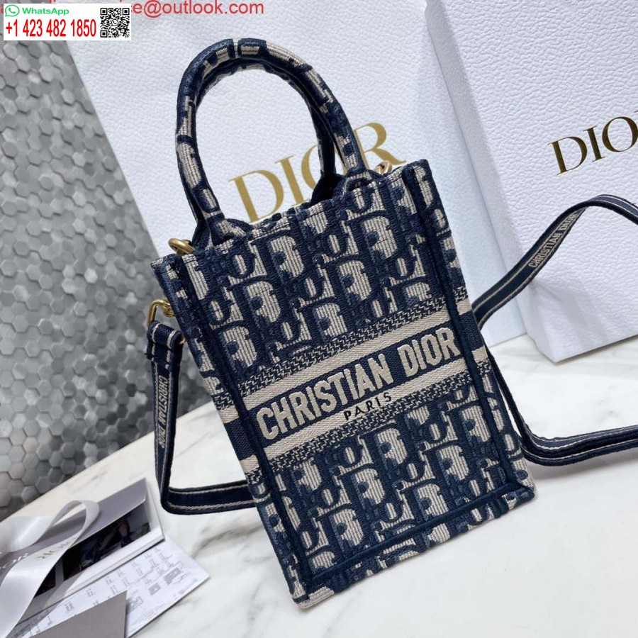 Replica Dior S5555 Mini Dior Book Tote Phone Bag Blue Dior Oblique Embroidery