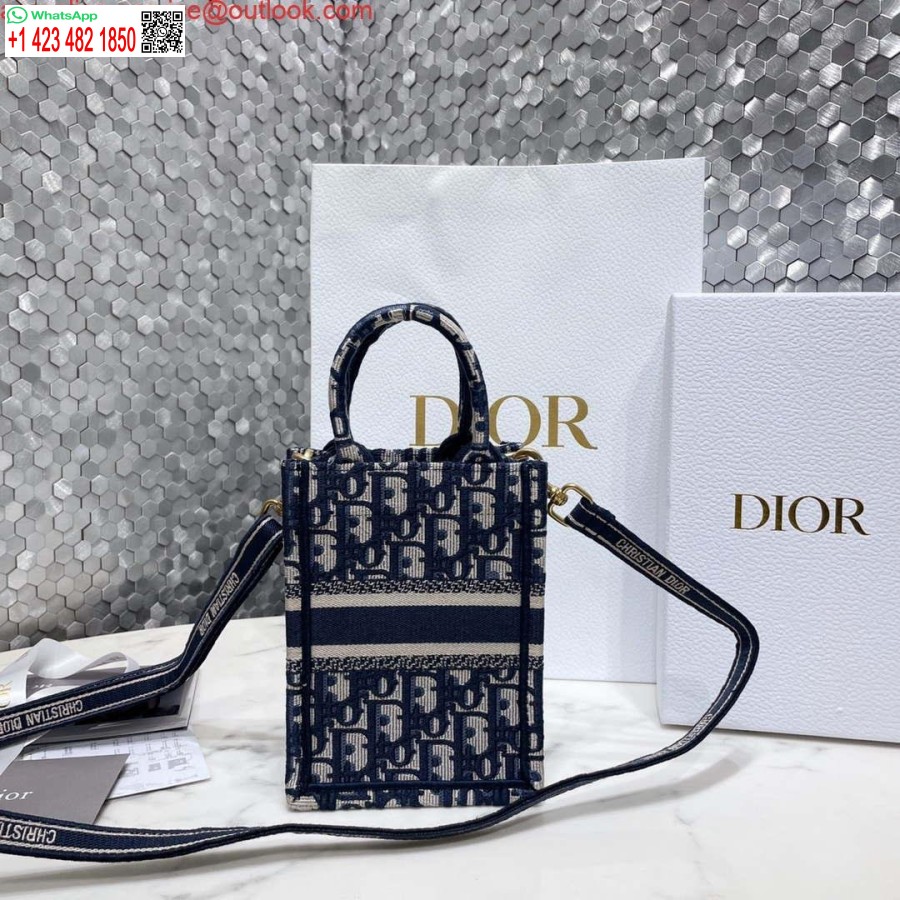 Replica Dior S5555 Mini Dior Book Tote Phone Bag Blue Dior Oblique Embroidery