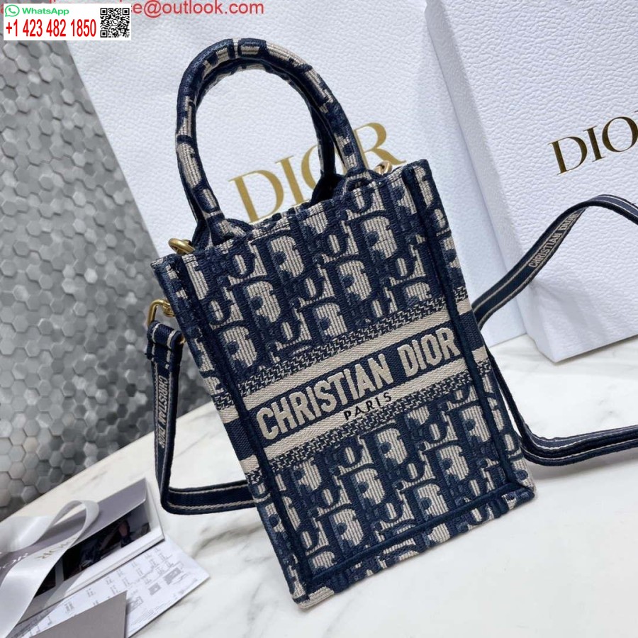 Replica Dior S5555 Mini Borsa Per Telefono Tote Dior Book Blu Ricamo Dior Obliquo