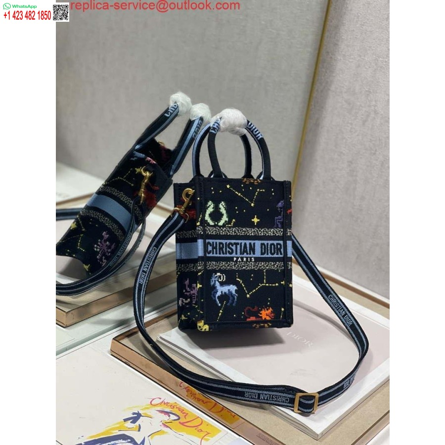 Replica Dior S5555 Mini Dior Book Draagtas Telefoontas Zwart Veelkleurig Petites Fleurs Borduurwerk