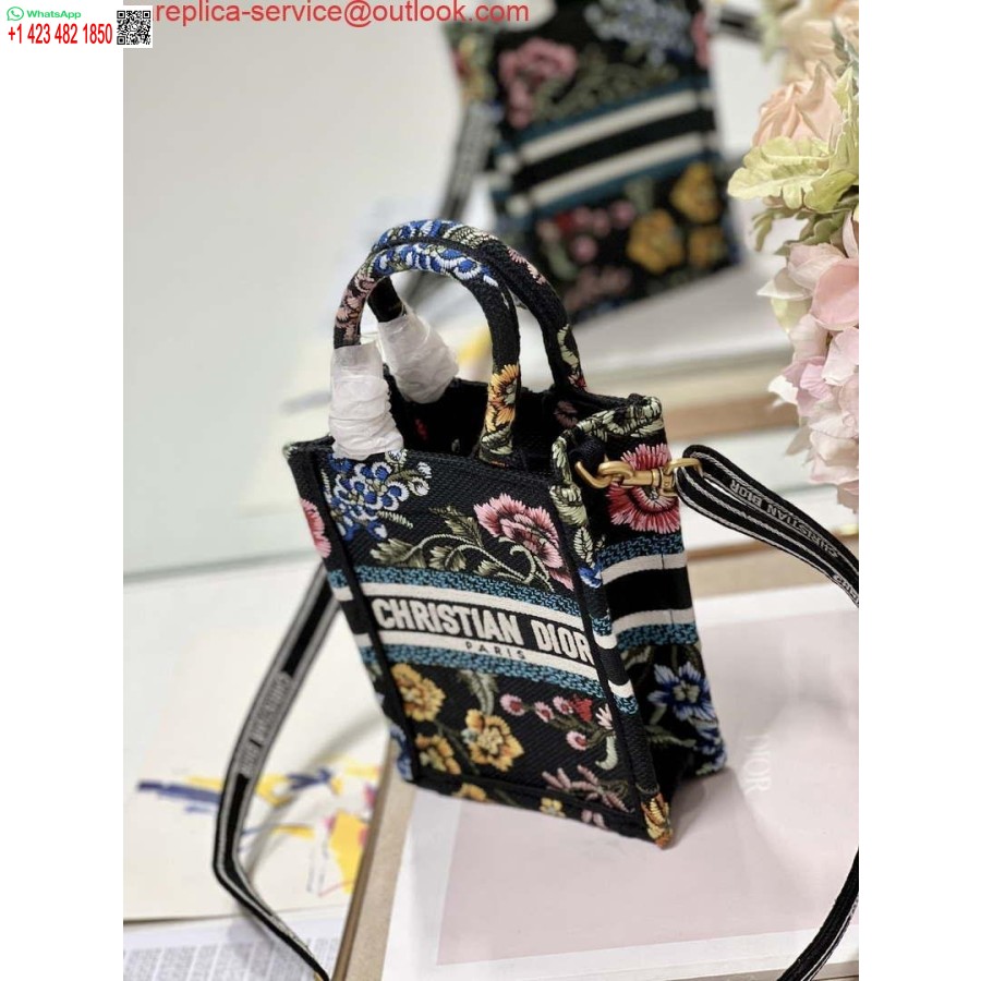 Replica Dior S5555 Mini Dior Raamatukott Telefonikott Must Mitmevärviline Tikandid S1099