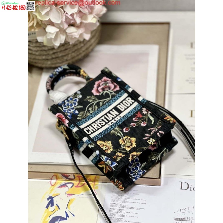 Replica Dior S5555 Mini Dior Raamatukott Telefonikott Must Mitmevärviline Tikandid S1099