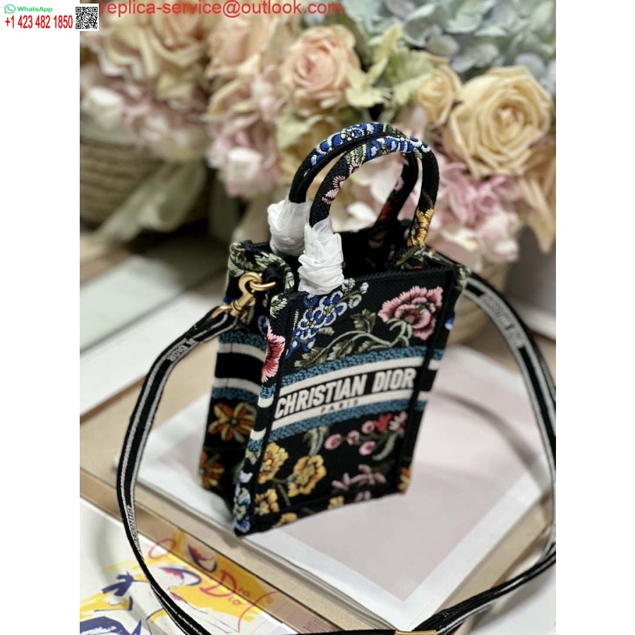 Replica Dior S5555 Mini Dior Book Draagtas Telefoontas Zwart Veelkleurig Borduurwerk S1099