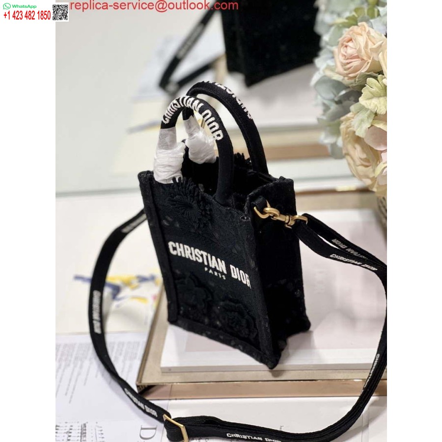 Replika Dior S5555 Mini Dior Buch-Einkaufstasche, Schwarze Spitze, Blumen, S1108