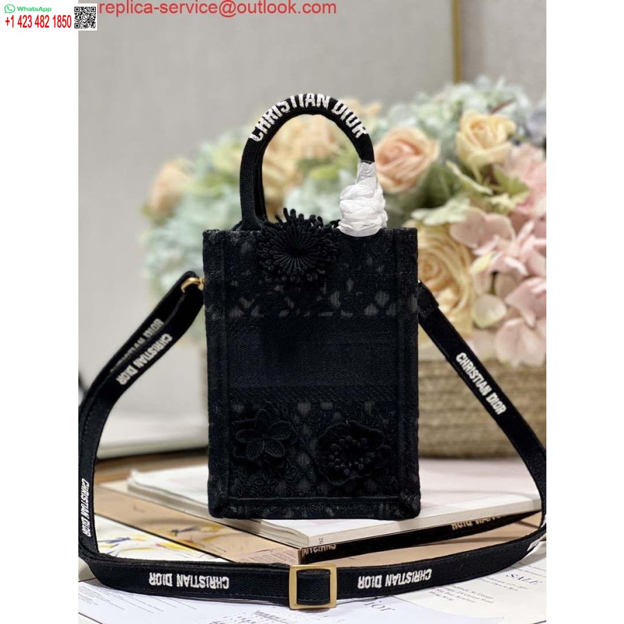 Replika Dior S5555 Mini Dior Buch-Einkaufstasche, Schwarze Spitze, Blumen, S1108