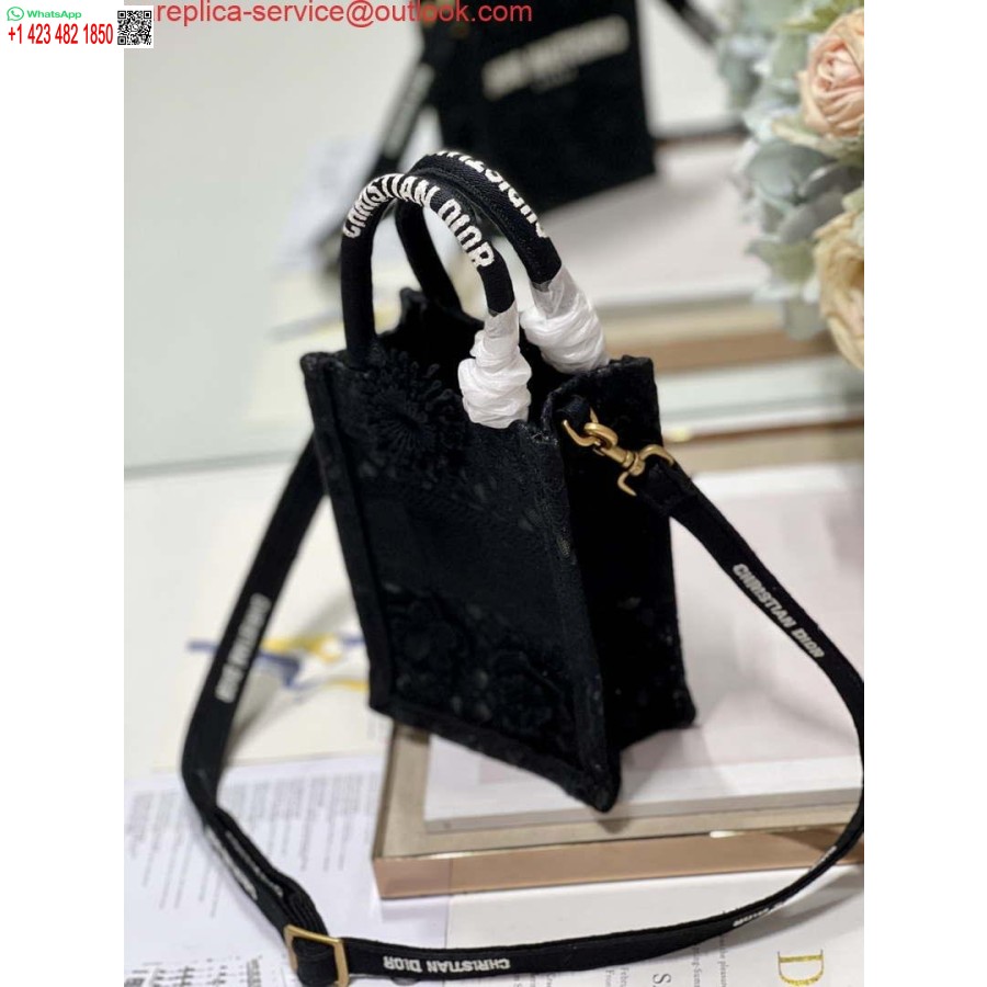 Replika Dior S5555 Mini Dior Buch-Einkaufstasche, Schwarze Spitze, Blumen, S1108