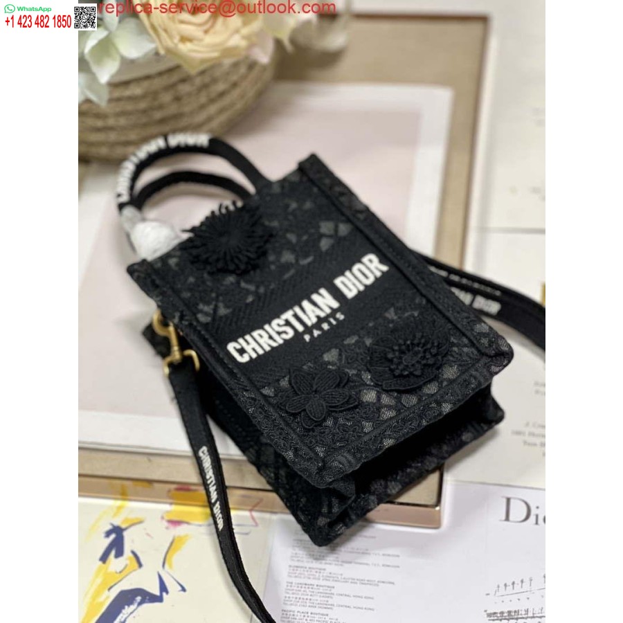 Replika Dior S5555 Mini Dior Buch-Einkaufstasche, Schwarze Spitze, Blumen, S1108