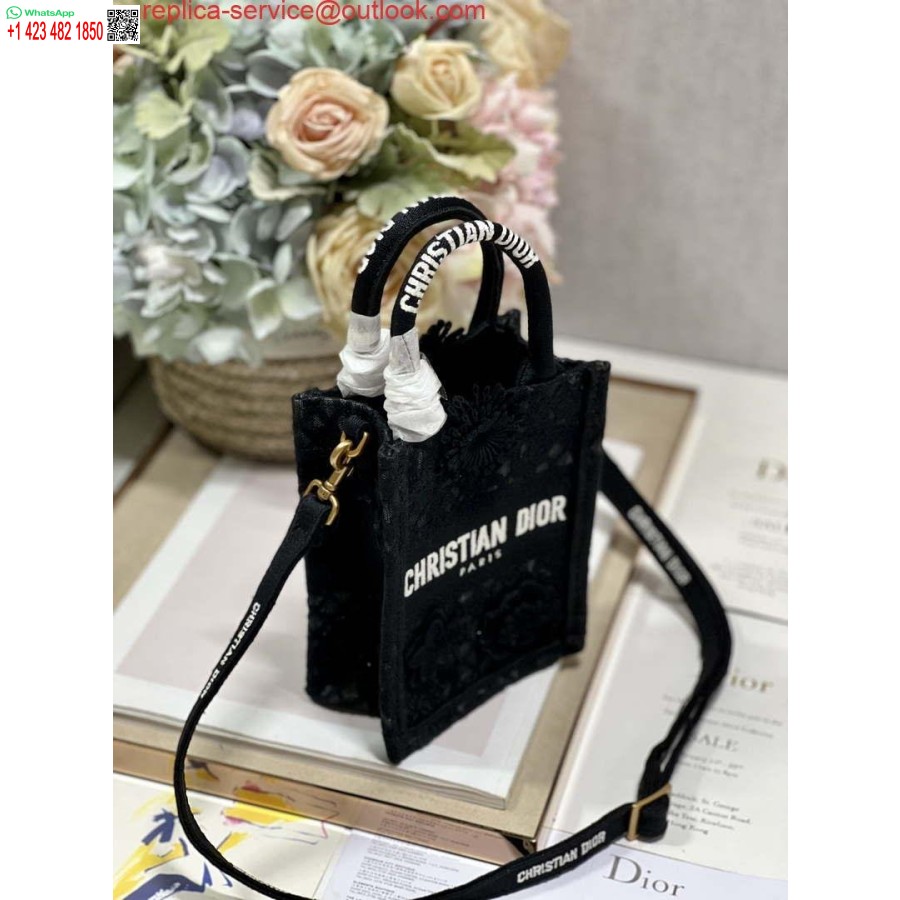 Replica Dior S5555 Mini Dior Book Draagtas Telefoontas Zwart Kanten Bloemen S1108