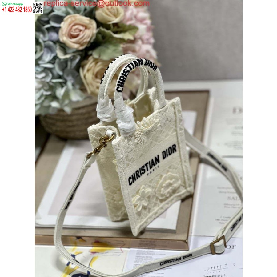 Replica Dior S5555 Mini Dior Book Tote Telefoontas Beige Kanten Bloemen S1109