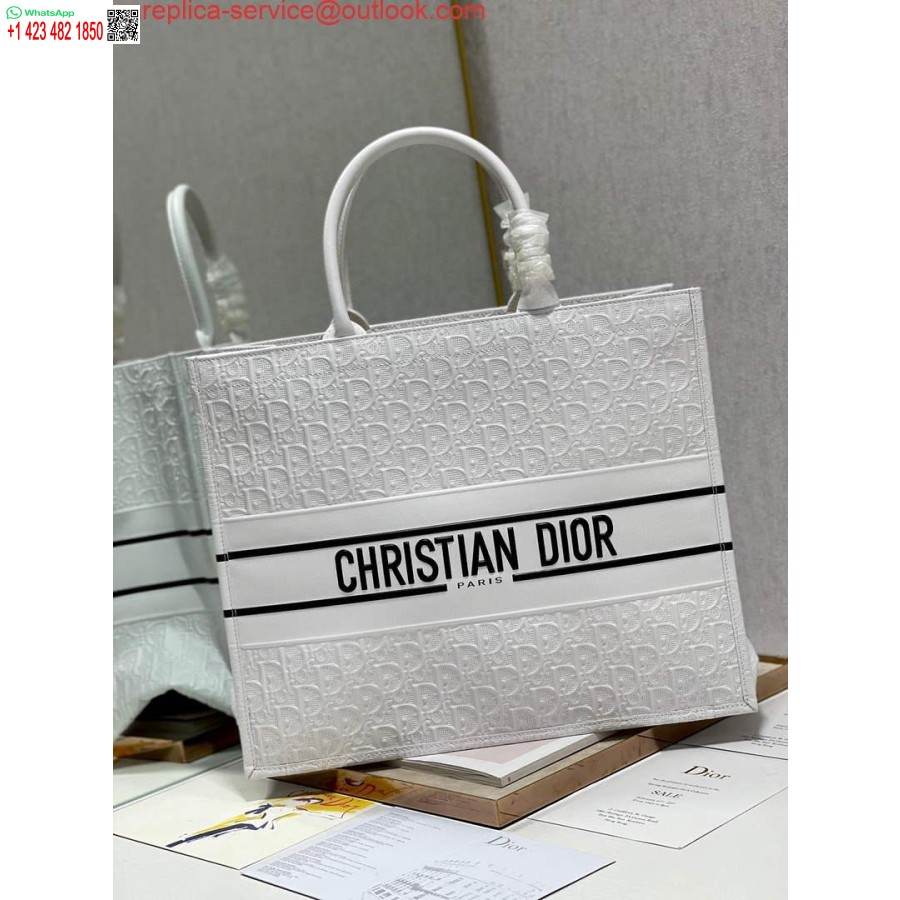 Replica Dior M1286 Borsa A Libro Grande In Pelle Di Vitello Obliqua Traforata E Goffrata Bianca