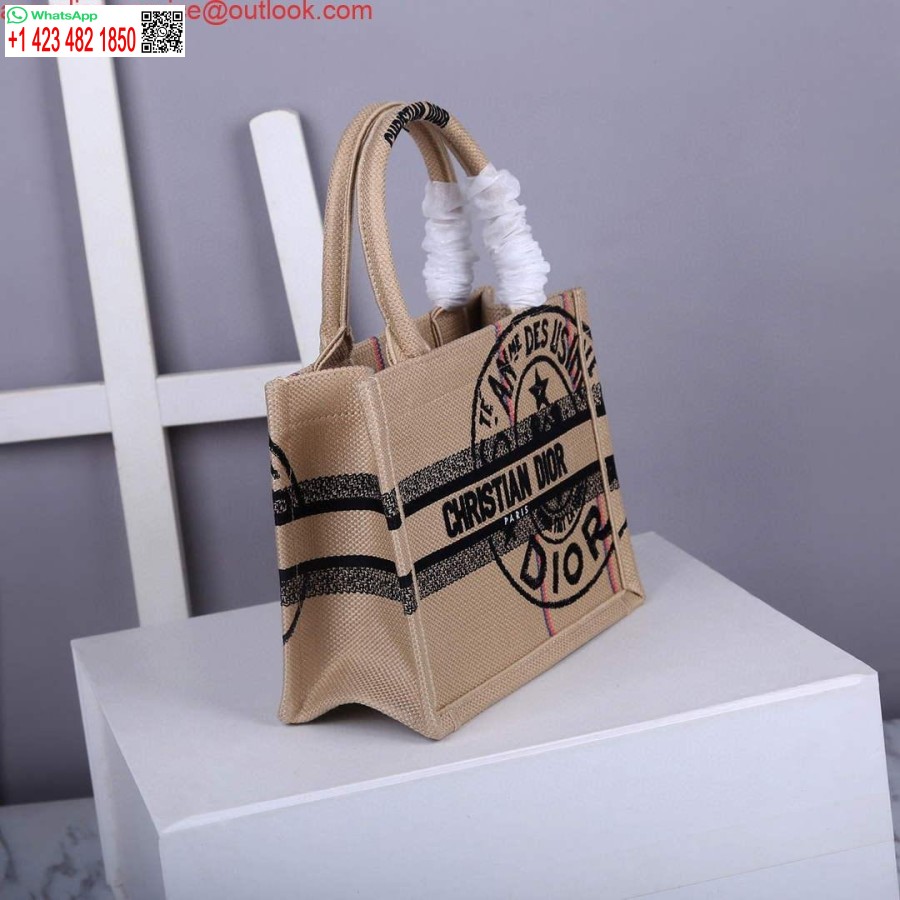 çoğaltma Dior M1265 Küçük Kitap çantası Bej Jüt Kumaş Ile Birlik Motifi