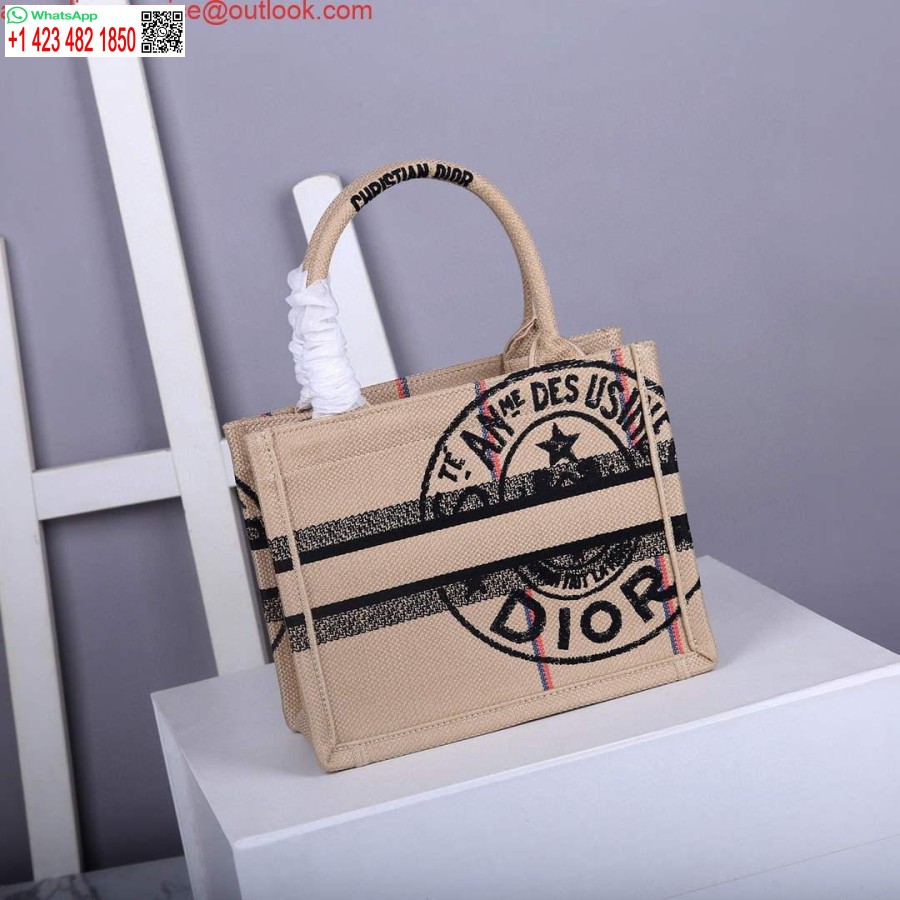 çoğaltma Dior M1265 Küçük Kitap çantası Bej Jüt Kumaş Ile Birlik Motifi