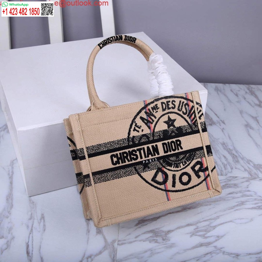 çoğaltma Dior M1265 Küçük Kitap çantası Bej Jüt Kumaş Ile Birlik Motifi