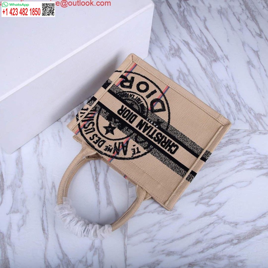 çoğaltma Dior M1265 Küçük Kitap çantası Bej Jüt Kumaş Ile Birlik Motifi