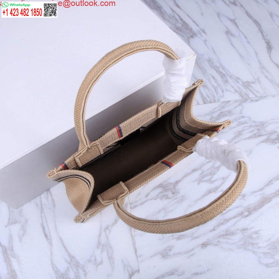 çoğaltma Dior M1265 Küçük Kitap çantası Bej Jüt Kumaş Ile Birlik Motifi