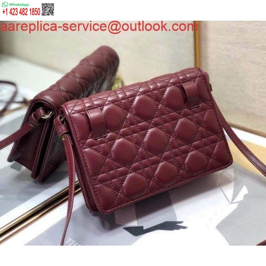 نسخة طبق الأصل من Dior S0855 Dior Lady Dior Pouch جلد العجل Cannage باللون الأحمر الخمري