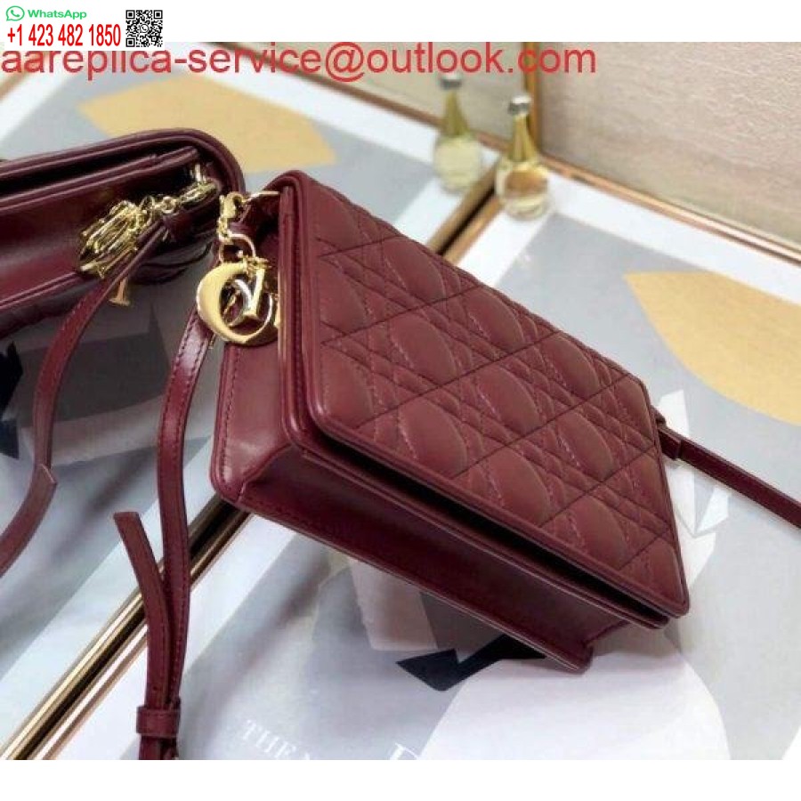 نسخة طبق الأصل من Dior S0855 Dior Lady Dior Pouch جلد العجل Cannage باللون الأحمر الخمري