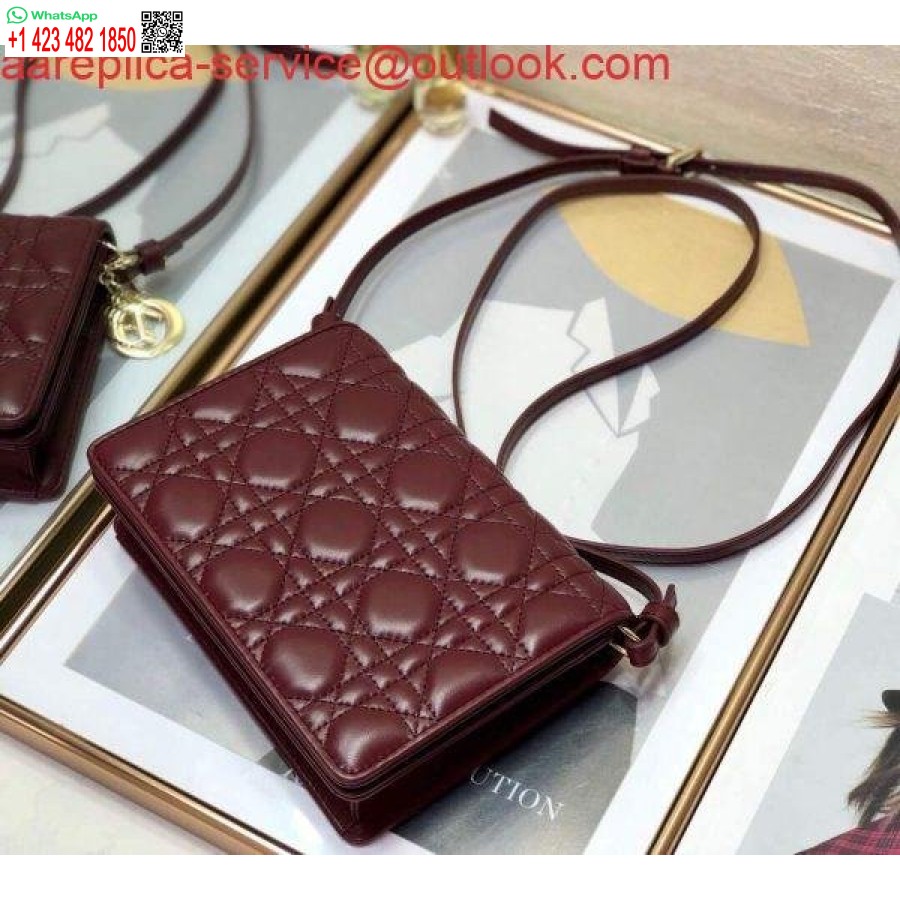 نسخة طبق الأصل من Dior S0855 Dior Lady Dior Pouch جلد العجل Cannage باللون الأحمر الخمري