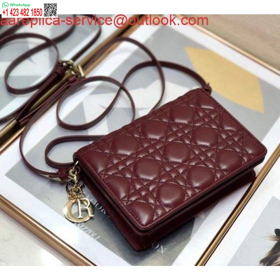 نسخة طبق الأصل من Dior S0855 Dior Lady Dior Pouch جلد العجل Cannage باللون الأحمر الخمري