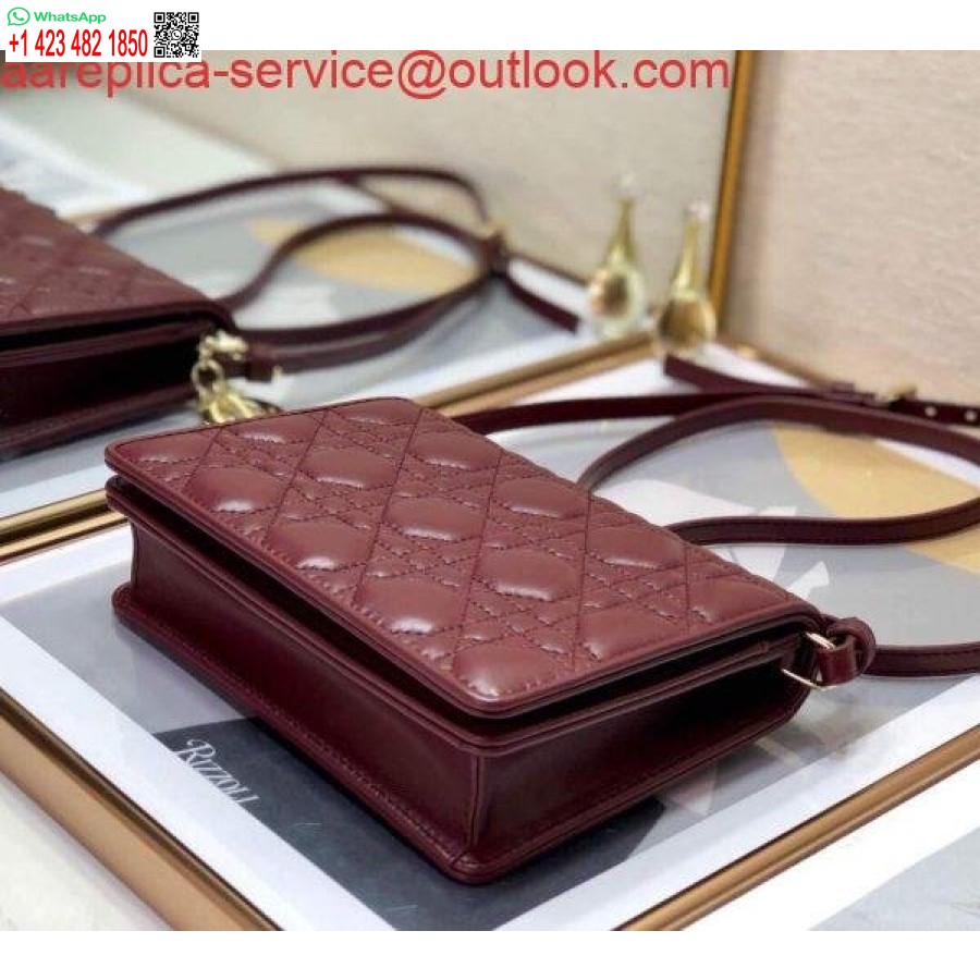 نسخة طبق الأصل من Dior S0855 Dior Lady Dior Pouch جلد العجل Cannage باللون الأحمر الخمري